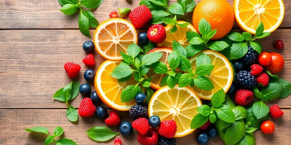 Natural herbs and colorful fruits on a wooden table.