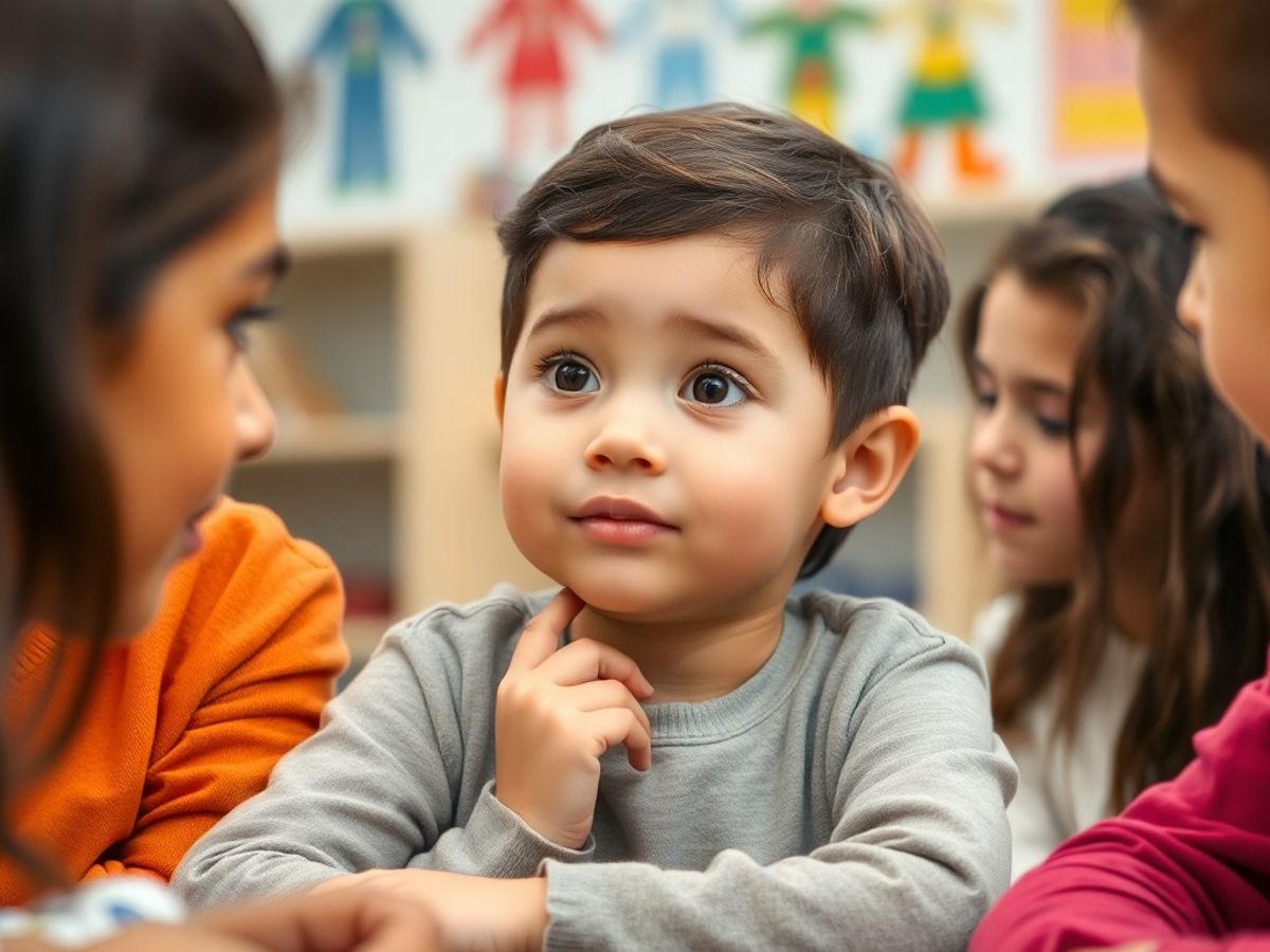 Un copil gânditor înconjurat de colegi sprijinitori.
