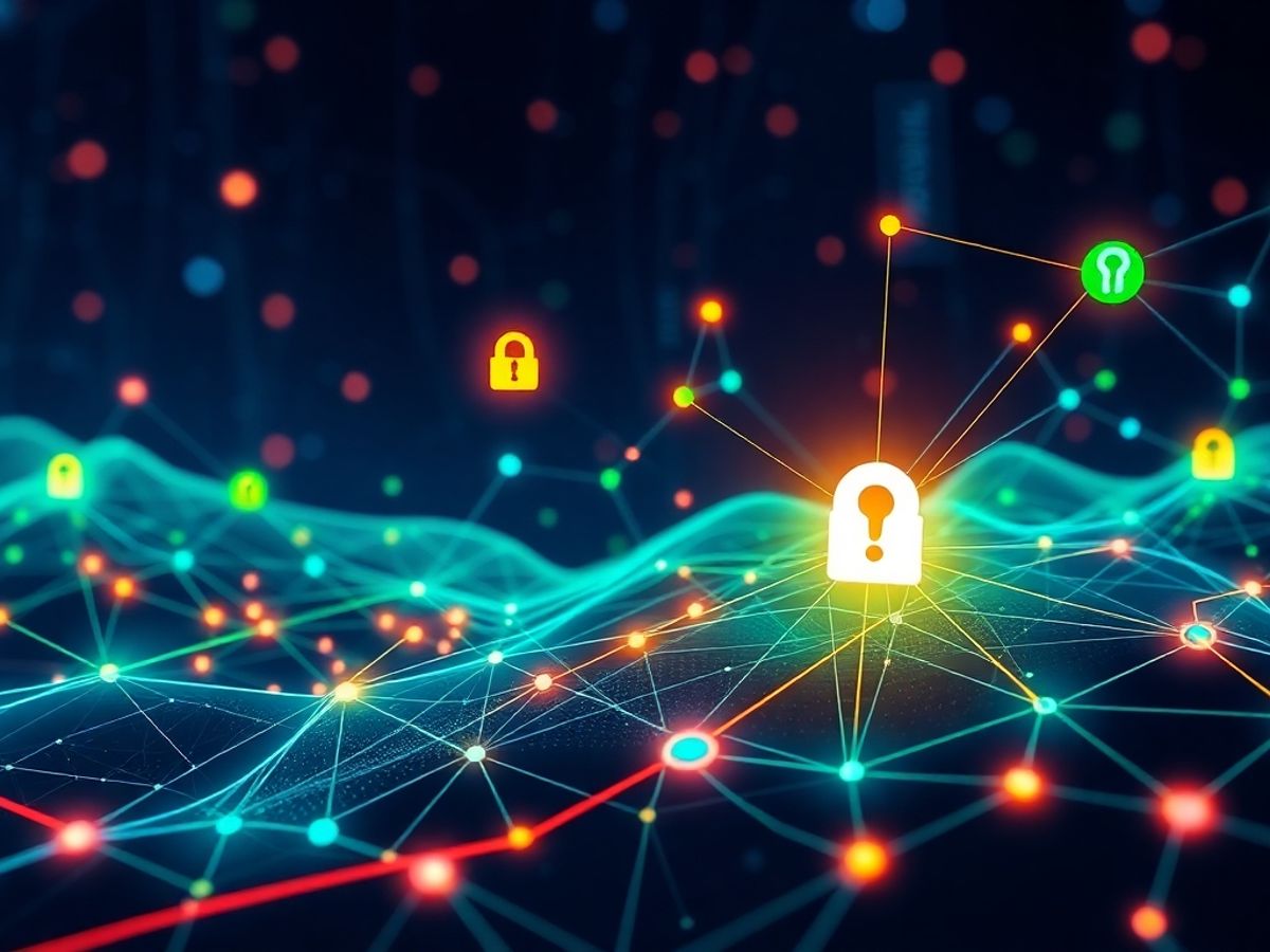 A digital landscape illustrating blockchain technology and security.