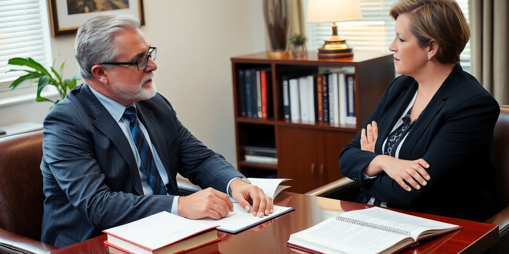 Bodily injury attorney consulting with a client in office.