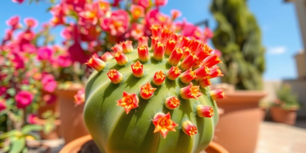 Rebutia minor en flor, terraza mediterránea soleada.
