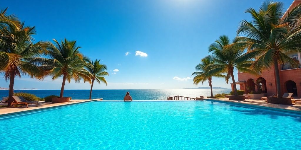 Luxury resort pool with palm trees, ocean view.