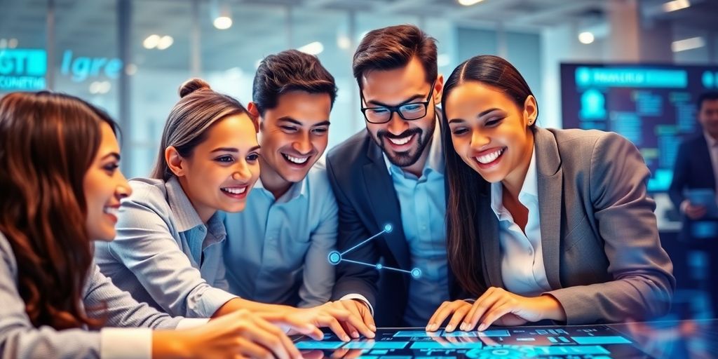 Professionals collaborating on blockchain technology solutions.