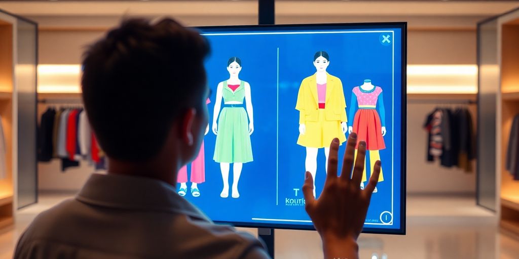 Woman trying on virtual clothes on a screen.