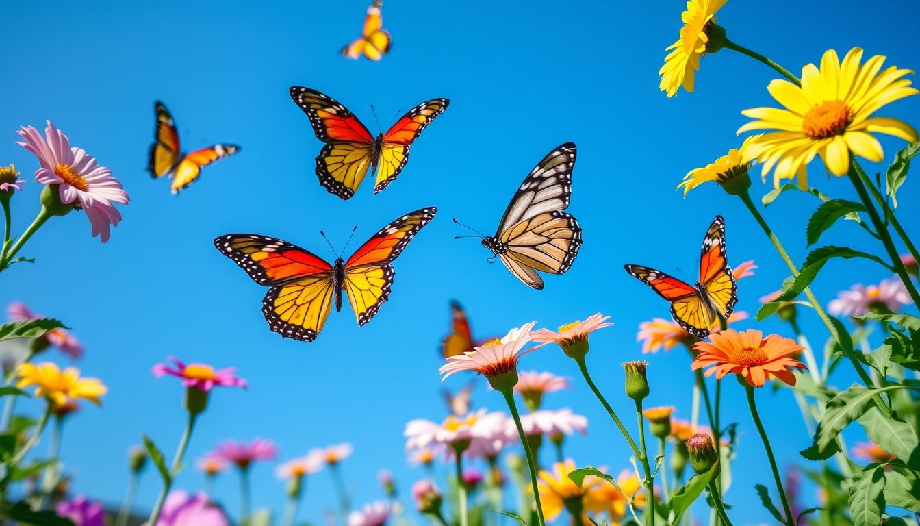 Butterfly garden with flowers and butterflies