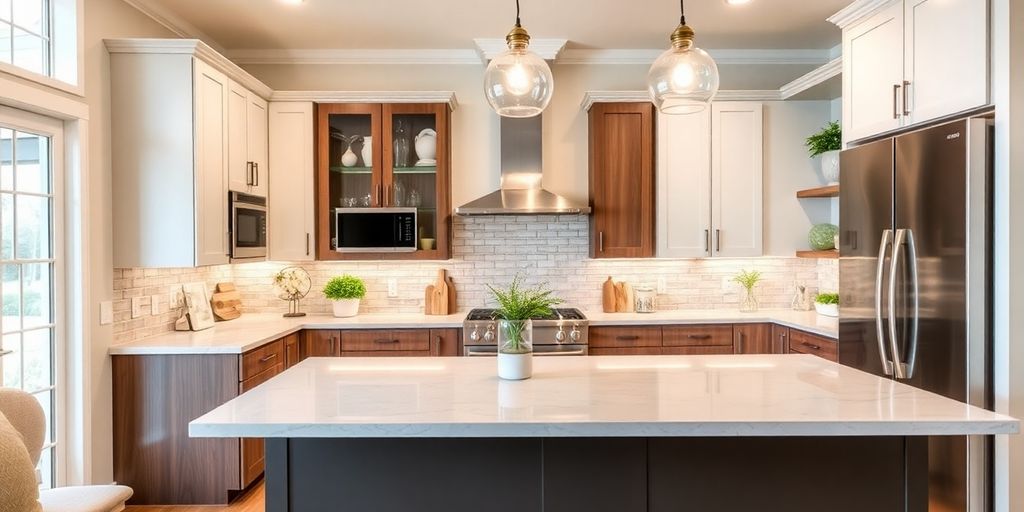 Modern kitchen remodel with stylish design and bright lighting.