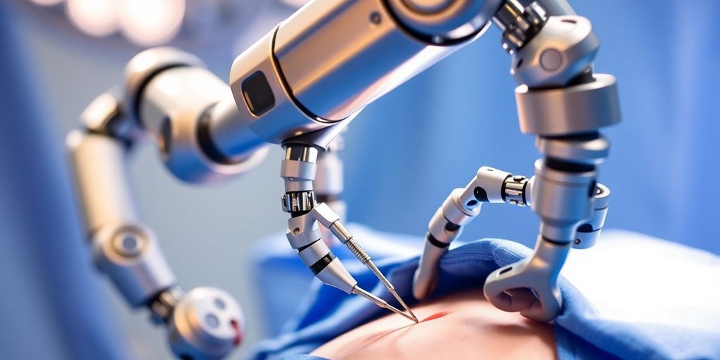 Robotic arm performing intricate surgery on a patient.
