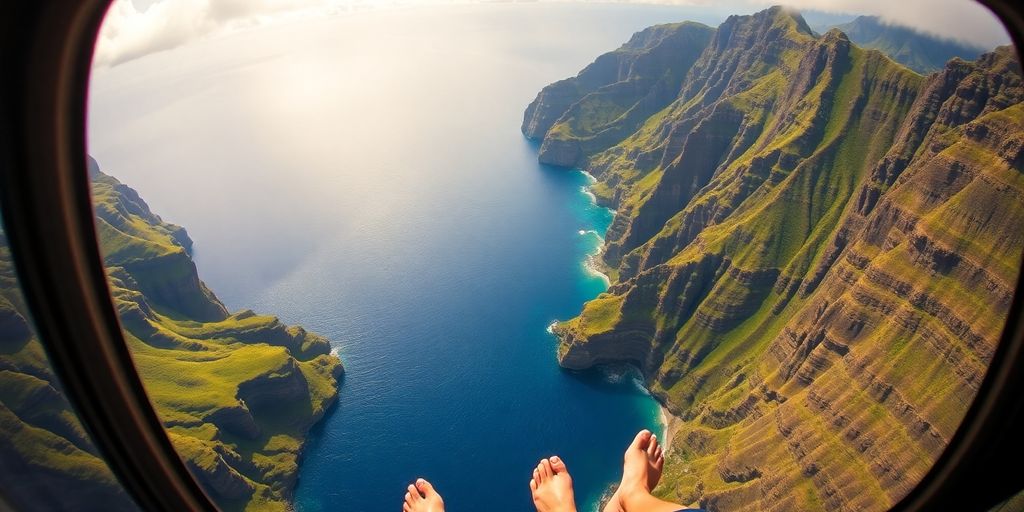 An open-door helicopter flies above Kauai's lush green cliffs.