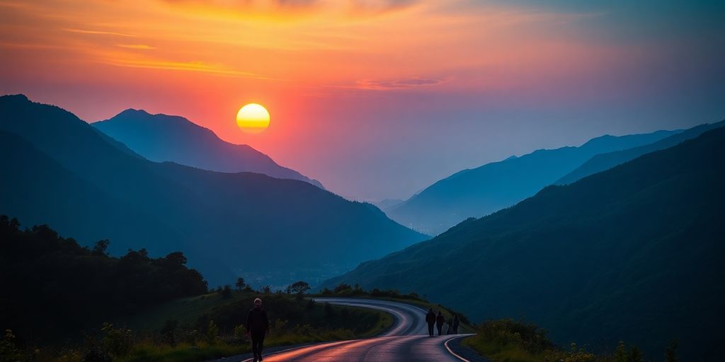 Silhouettes of travelers against a colorful sunset landscape.