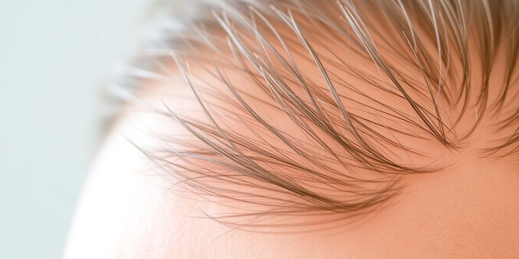Close-up of thinning hair on a person's scalp.