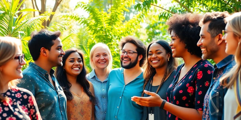 Diverse group collaborating in a sunny, green setting.