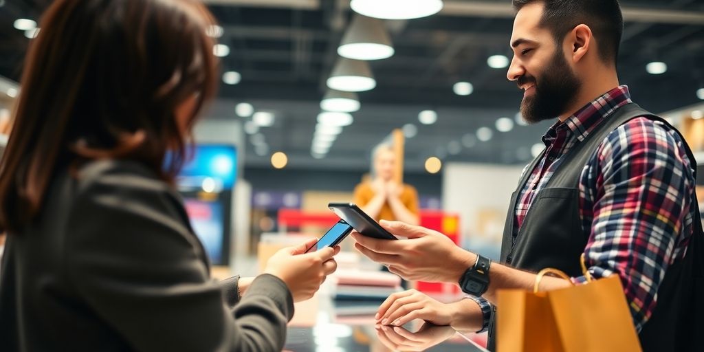 Retail employee helping customer with mobile payment.