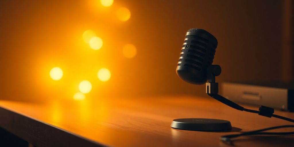 Podcast microphone with exclusive content symbols.