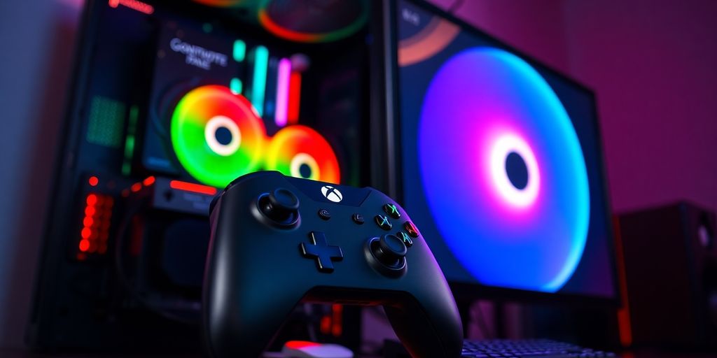 PC de juegos de alto rendimiento con controlador de Xbox y monitor.