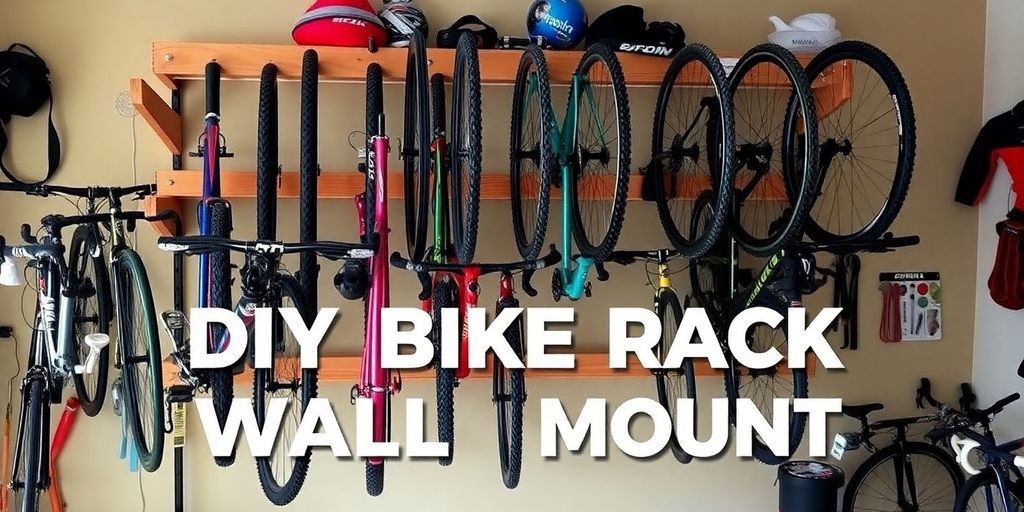 DIY bike rack wall mount with colorful bikes organized.