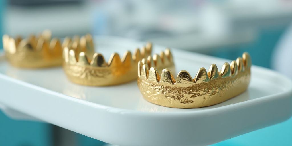 Prothèses en or dentaire sur un plateau.