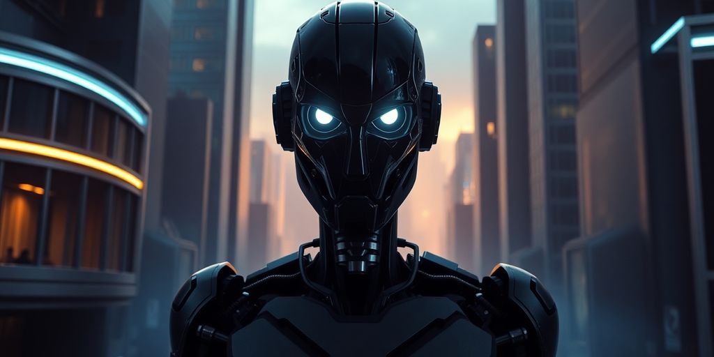 Humanoid robot in futuristic city from 'I, Robot'.