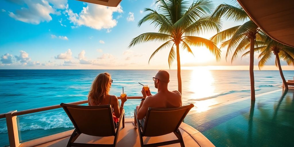 Couple relaxes on luxury resort balcony, ocean view.