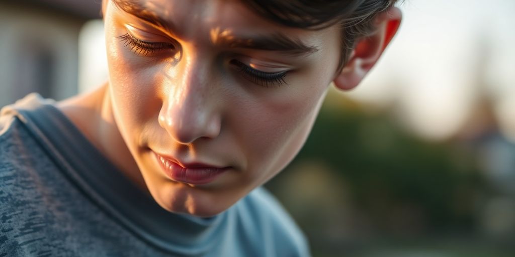 Young person looking out, pensive.