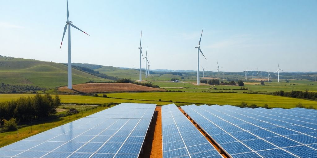 Renewable energy, wind turbines, solar panels, lush nature.