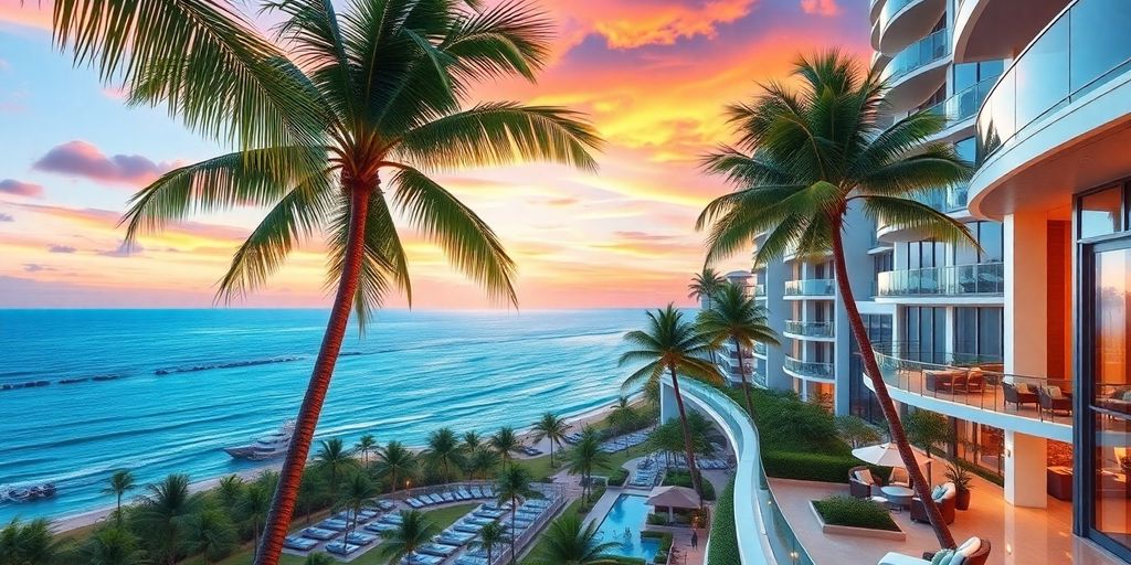 Luxurious Boca Raton condos with ocean views and palm trees.