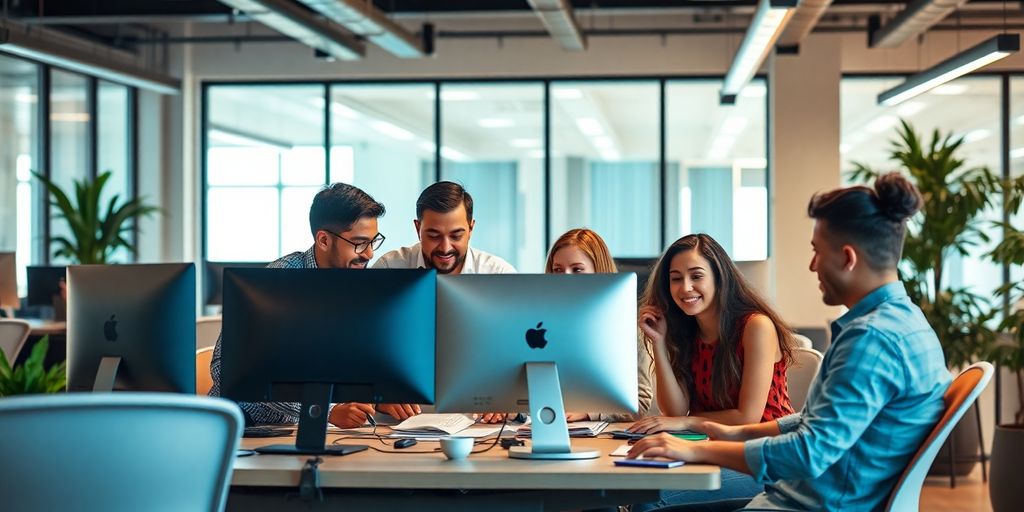 Moderne Büroumgebung mit Fachleuten bei der Zusammenarbeit.