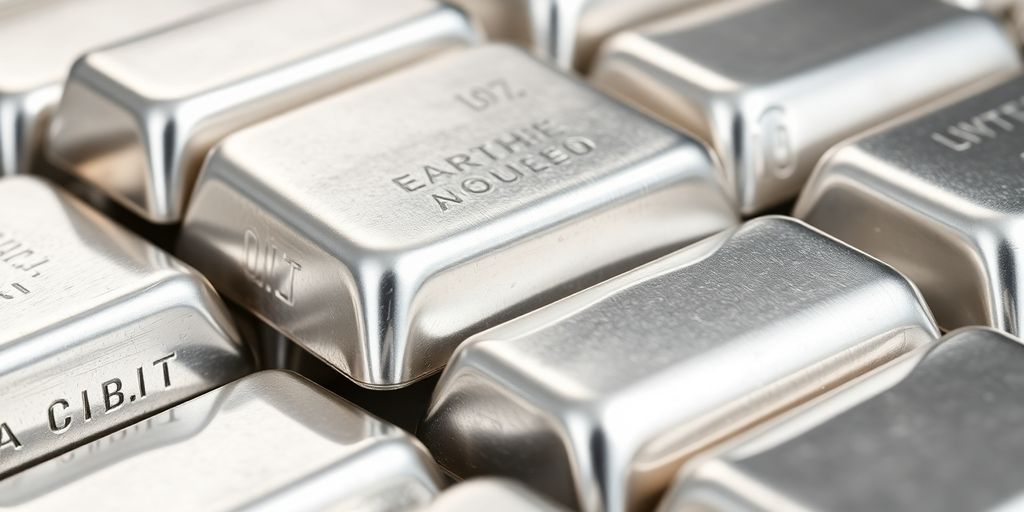 Lingots d'argent empilés, réfléchissant la lumière.