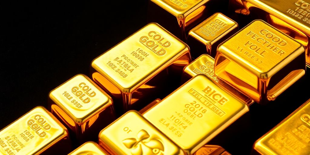Différents lingots d'or sur un fond sombre.