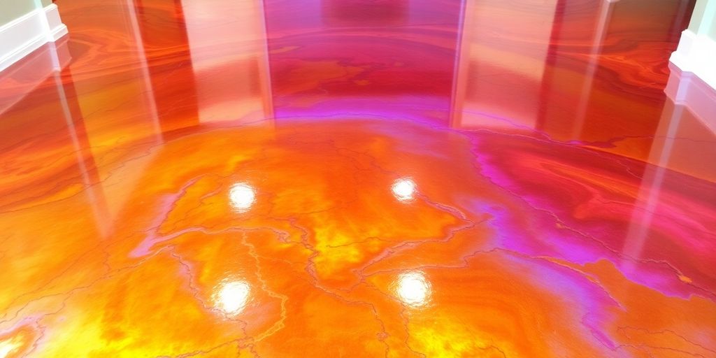 Glossy metallic epoxy floor with colorful patterns.