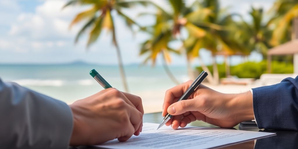 A person signing a property document near a tropical beach.