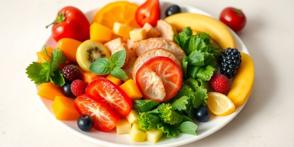 Colorful healthy foods on a plate for weight loss.