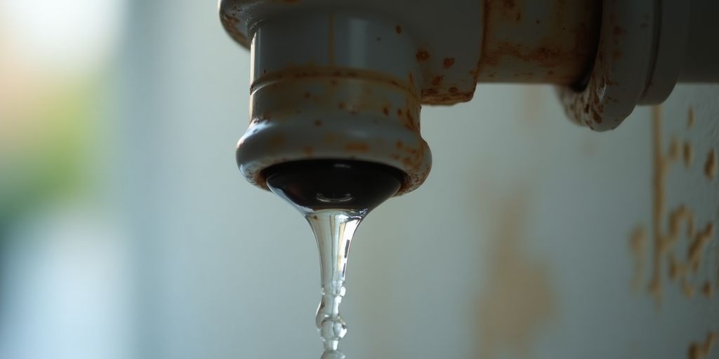 Close-up of a leaking pipe with water dripping.