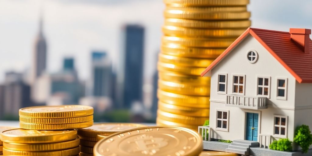 Pièces d'or et propriétés immobilières sur fond flou.