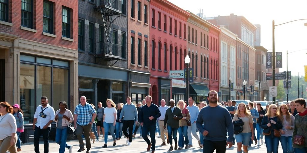 Busy people walking through Waterbury downtown.