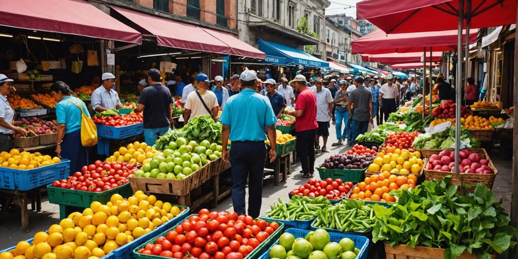 Vibrant market with fresh fruits and vegetables.