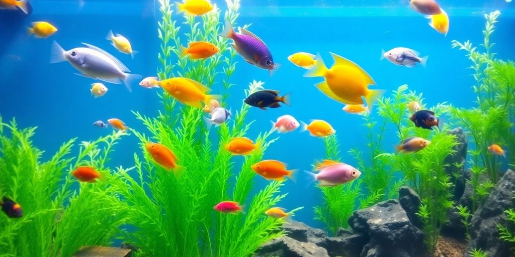 Colorful fish swimming in a lush aquarium.