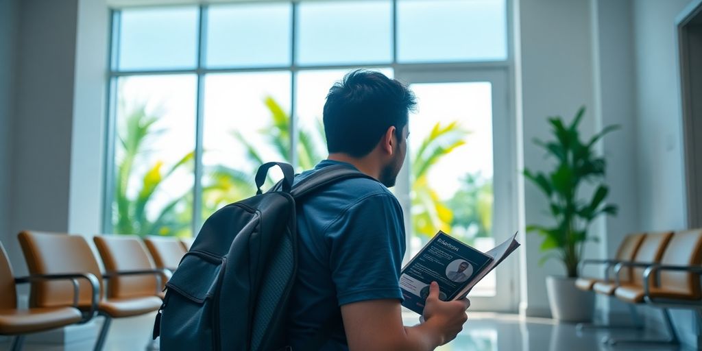 Tourist looking at brochure in a clinic