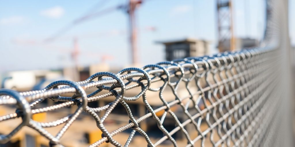 Steel mesh fabric used in construction for infrastructure projects.