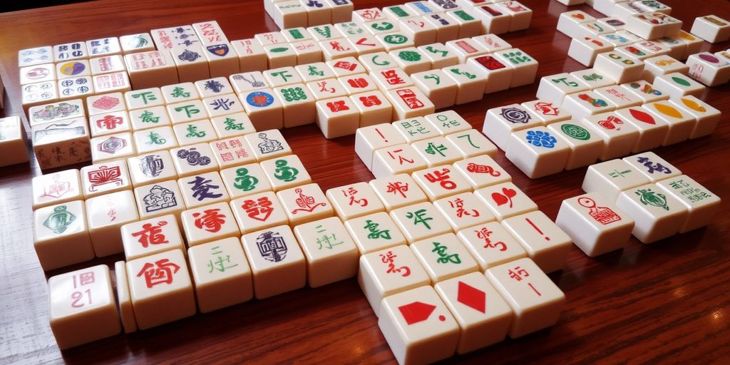 Mahjong tile sets on a wooden table