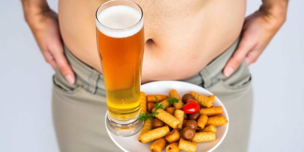 Beer and snacks with a visible belly bulge.