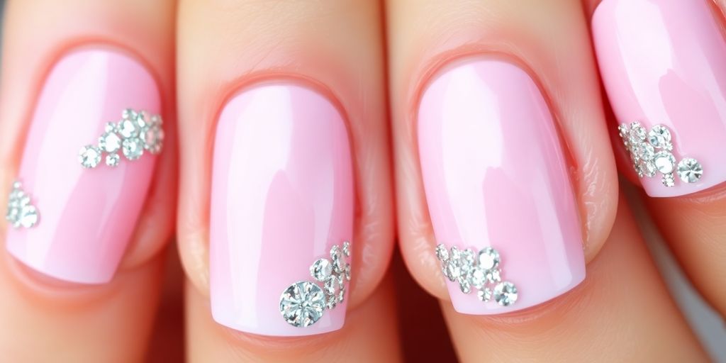 Unhas rosa pastel com glitter e francesinha elegante.