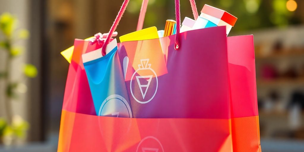 Shopping bag overflowing with colorful items.