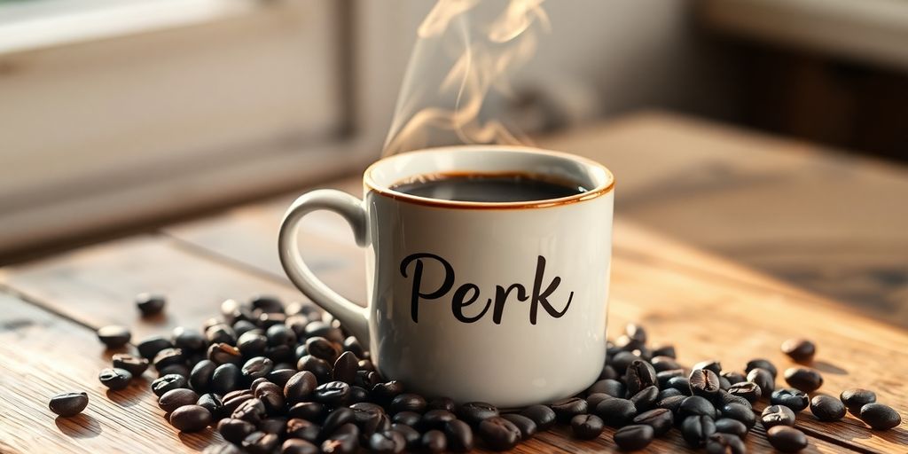 Steaming coffee mug, rich brown beans, cozy morning light.