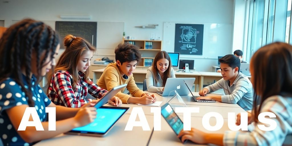 Students using technology for collaborative problem-solving in a classroom.