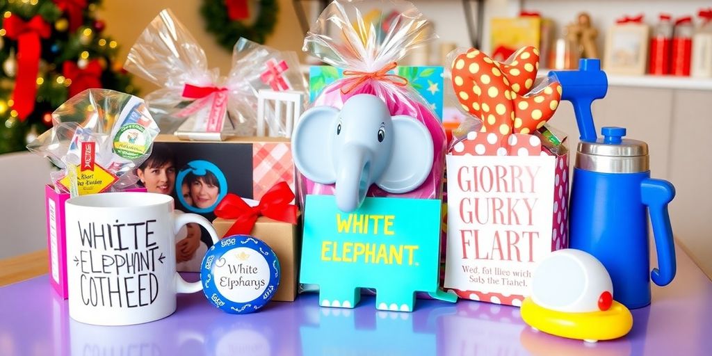 Colorful white elephant gifts on a festive table.