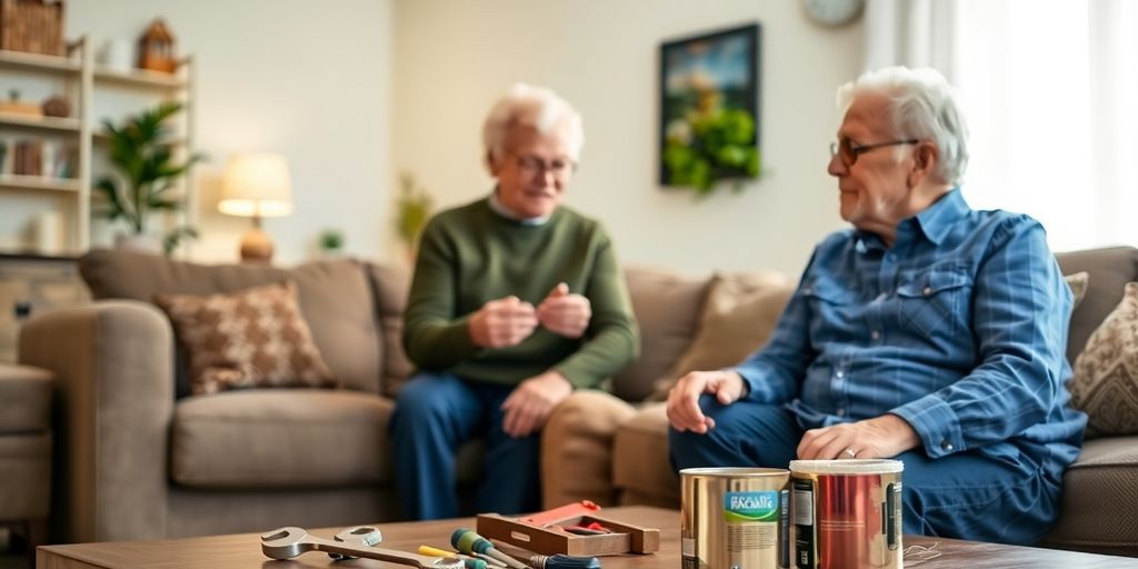 Senior couple discussing home repairs in their living room.