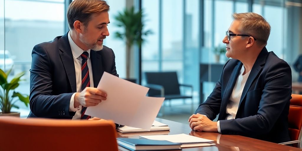 Lawyer and client consultation in a law office.