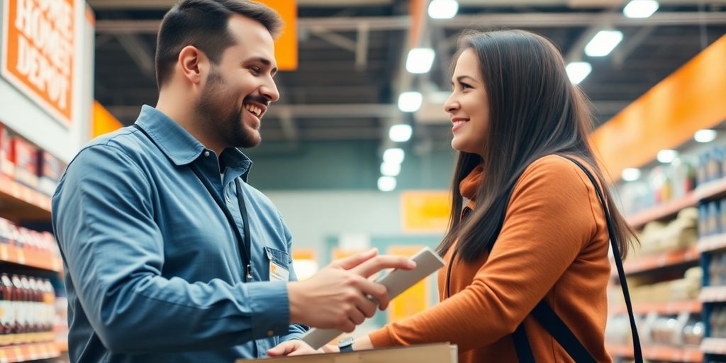 Home Depot customer service representative assisting a customer.