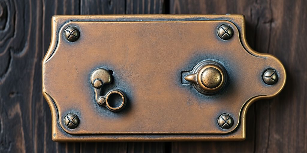 Close-up of an antique mortise lock on wood.