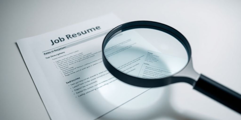 Magnifying glass over resume and job description.